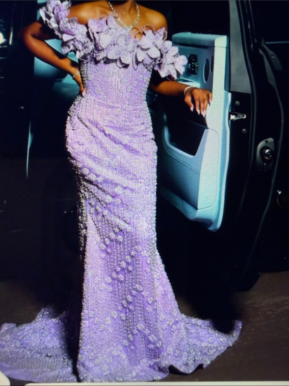 Lavender One-Shoulder Beaded Mermaid Gown